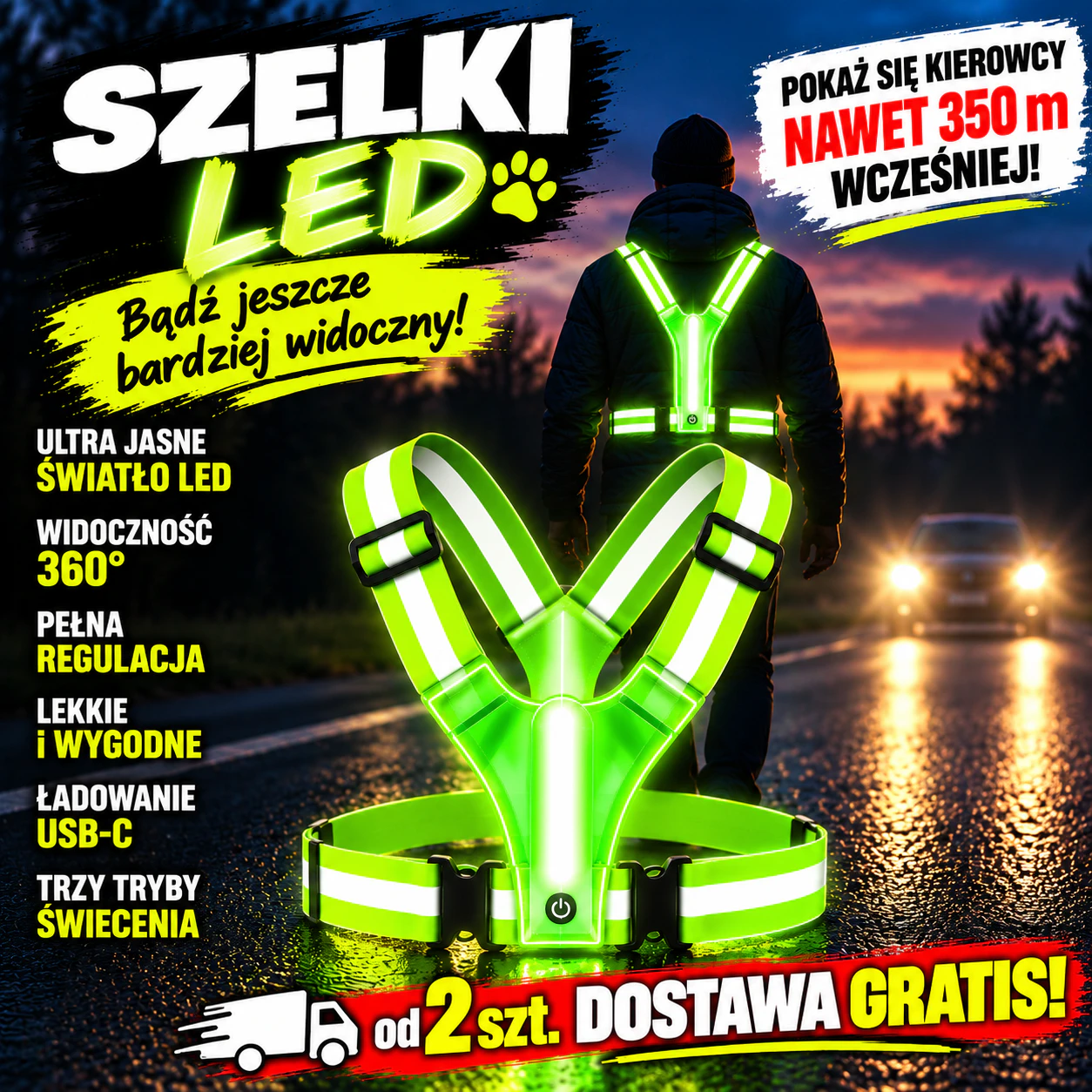 WidziMiś Led - szelki odblaskowe USB 1